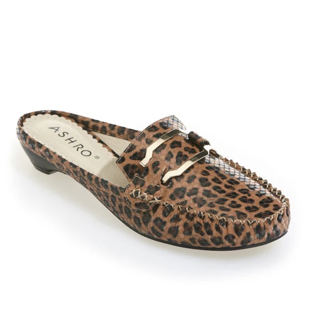 Ashro Women's Horsebit Leopard Printed Cushioned Slip On Flat Mule Loafers Sz 9W